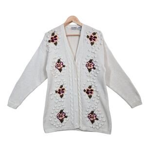 Vintage Boundary Waters Cardigan L Floral Popcorn Knit Cottagecore Longline